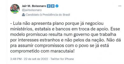 Bolsonaro acusa Lula de estar comprometido com maracutaia e no com o povo